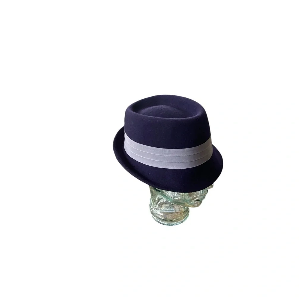 vintage wool felt blue small brim fedora featuring a gray band pork pie hat size